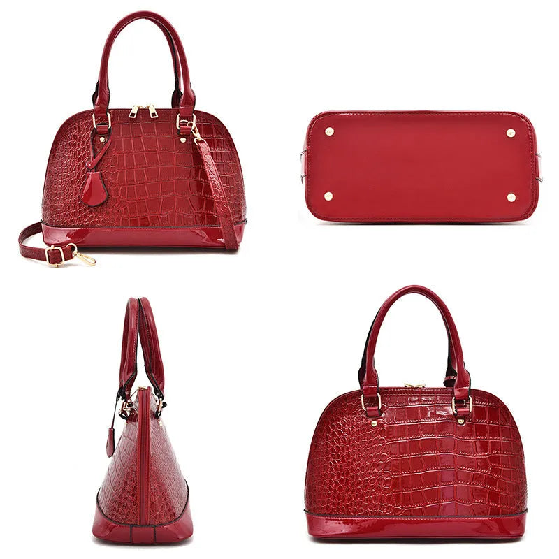 Women's shiny PU leather crossbody shoulder bag showing black, brown, and red colour options with 22x30x15cm dimensions