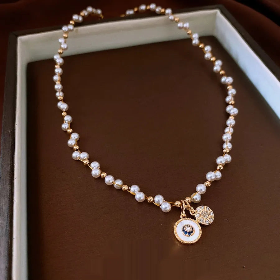 Gold electroplated women's necklace with zircon stones and round imitation pearl pendant on adjustable 41-50cm chain