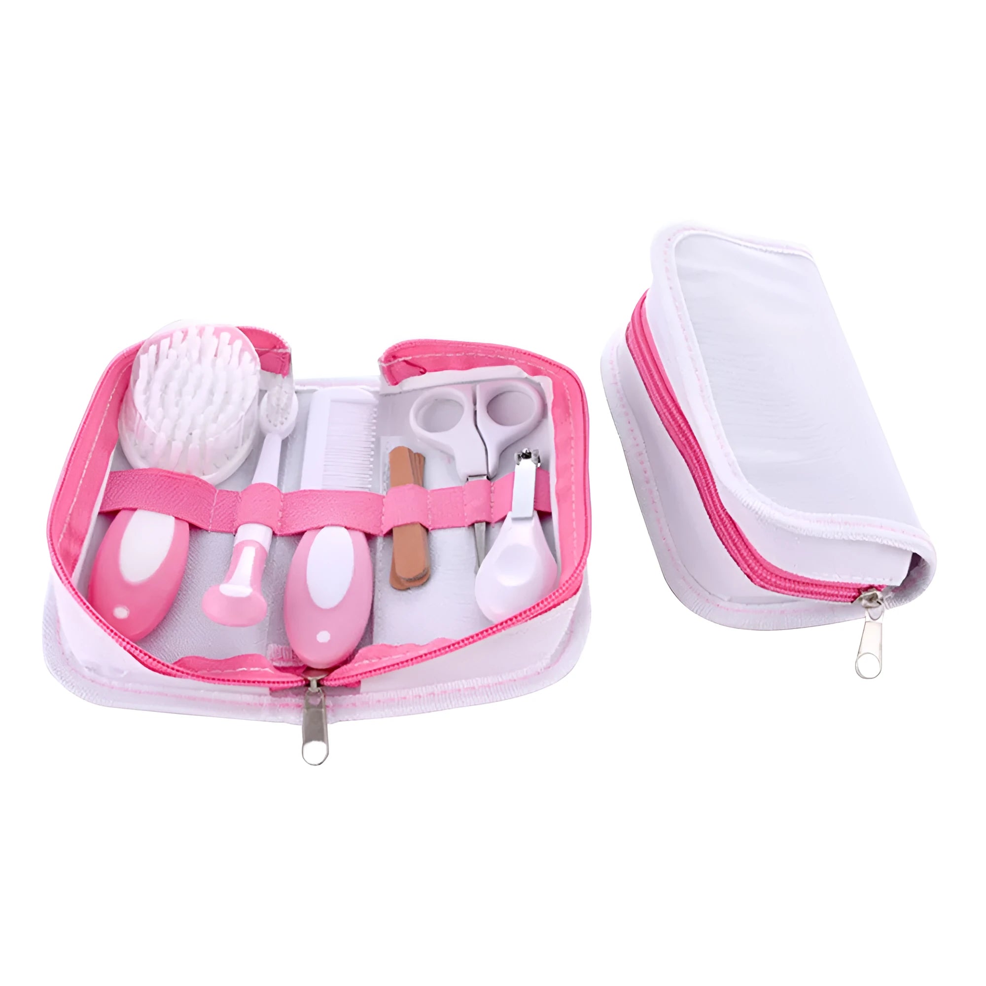 6-piece baby nail care and grooming set in a pink case with tools made from safe materials.