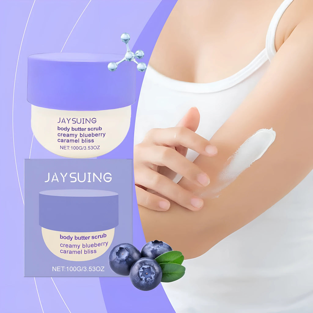 Blueberry caramel body scrub cream in 100g pot with matte cream texture