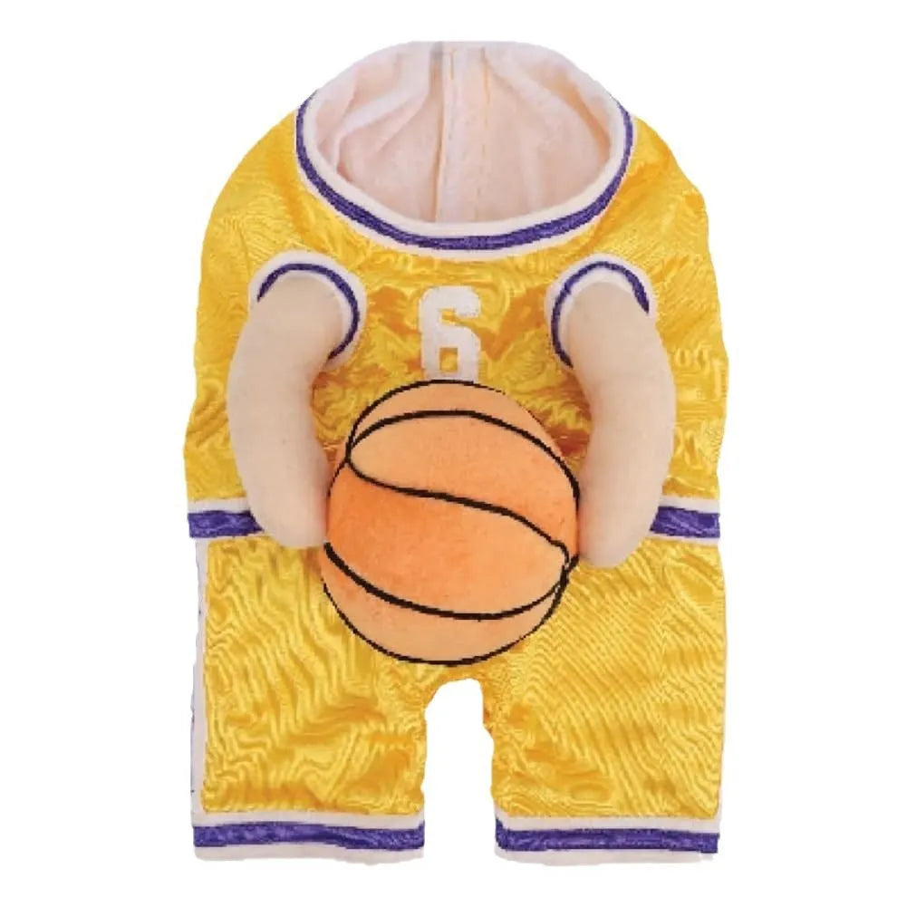 Red dog wearing a basketball costume with a small attached basketball