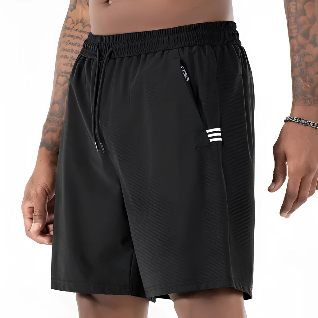 Men's black Ice Silk quick-drying sports shorts with high waist and drawstring closure