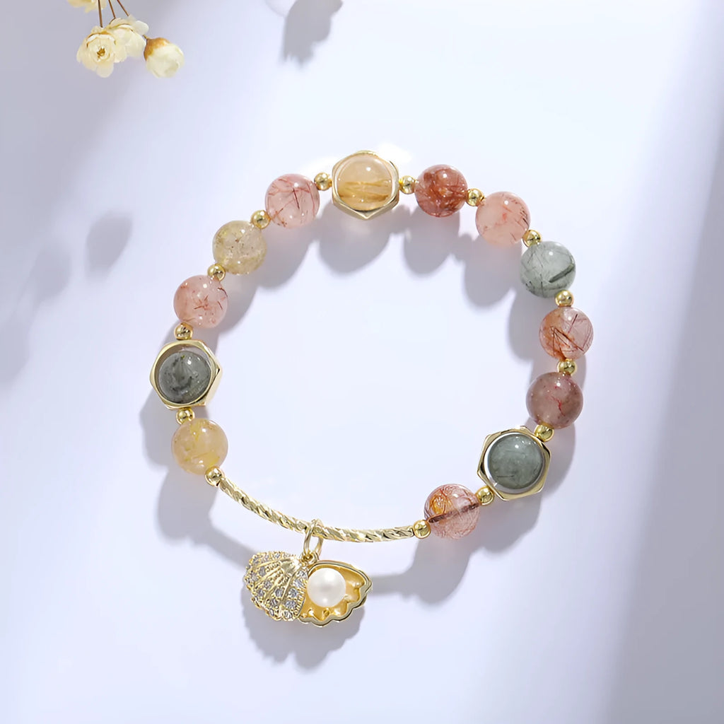 Women's crystal bracelet with coloured hair crystal and red sealant flower shell design