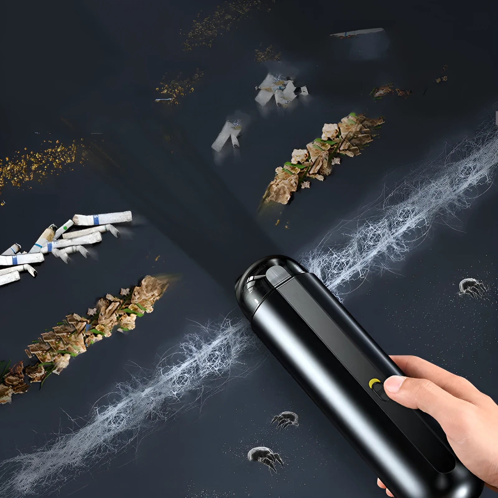 Baseus wireless handheld car vacuum cleaner in black, white, or green with blowing hose accessory.