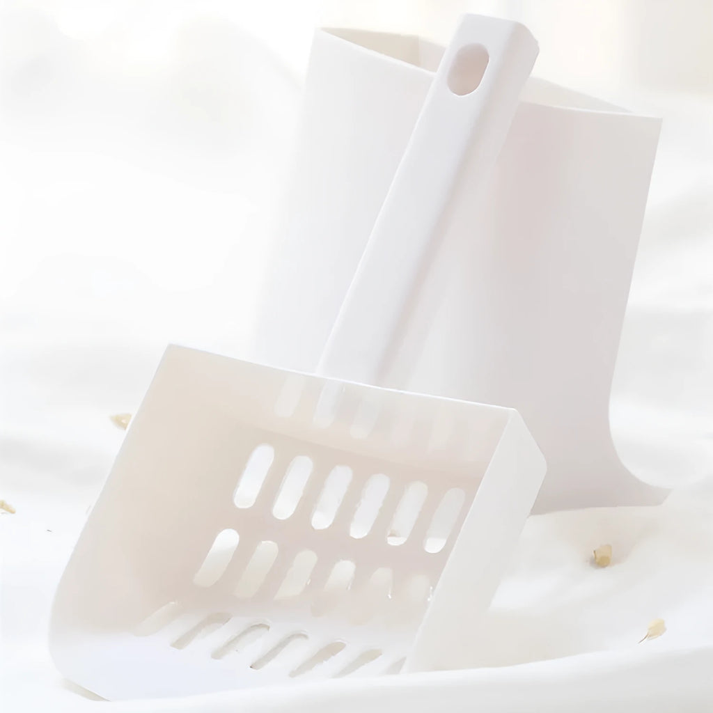 White plastic cat litter scoop kit, 130 x 100 x 258mm, for cat toilet cleaning