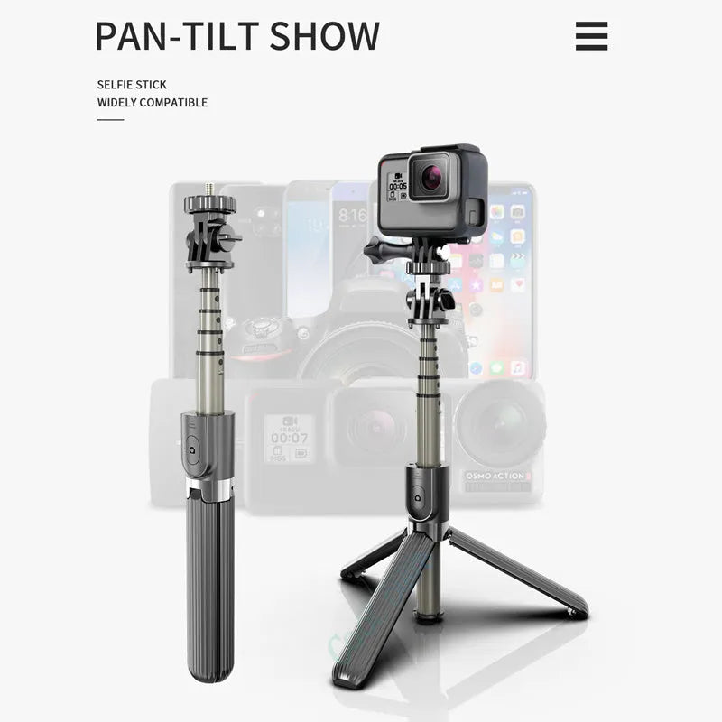 Black aluminium iPhone tripod selfie stick fully extended next to an iPhone.