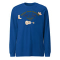Blue men's loose fit casual pullover sweater with printed letter patterns, round neck.