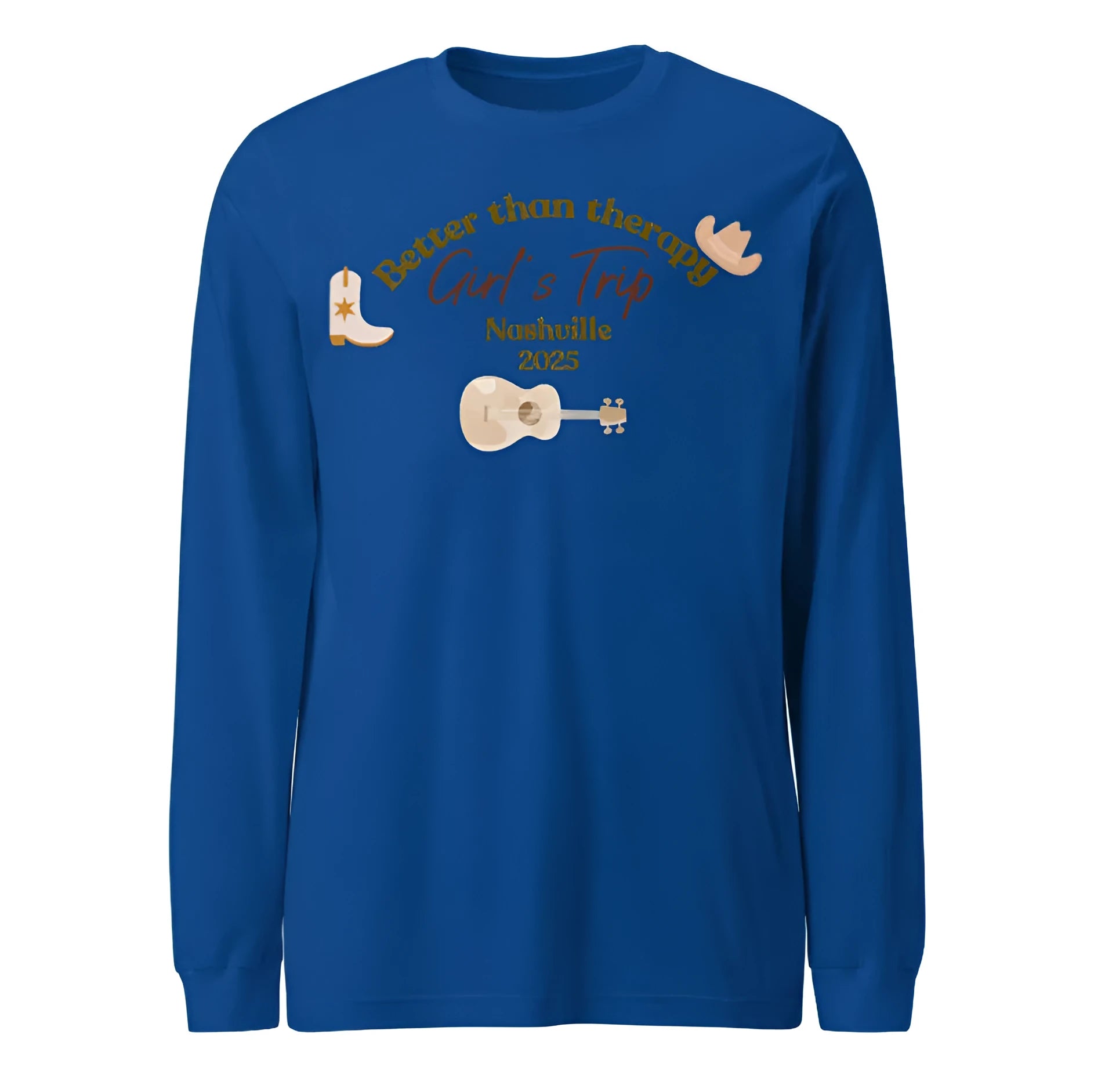 Blue men's loose fit casual pullover sweater with printed letter patterns, round neck.