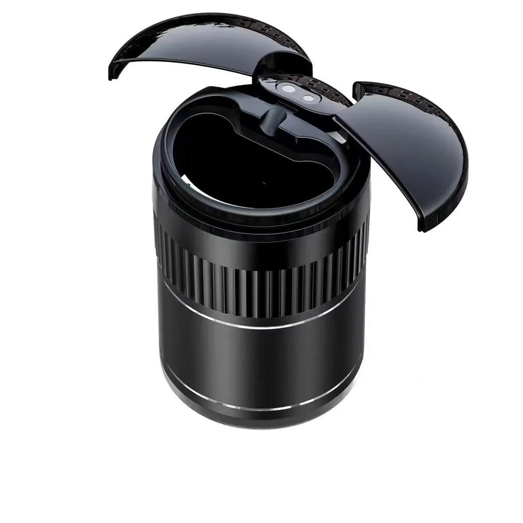 Smart infrared and touch control metal car ashtray with lid in black, measuring 113mm.