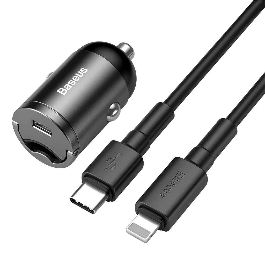 Grey Baseus Huixiaoxing 30W single USB car charger with a 1-metre cable.