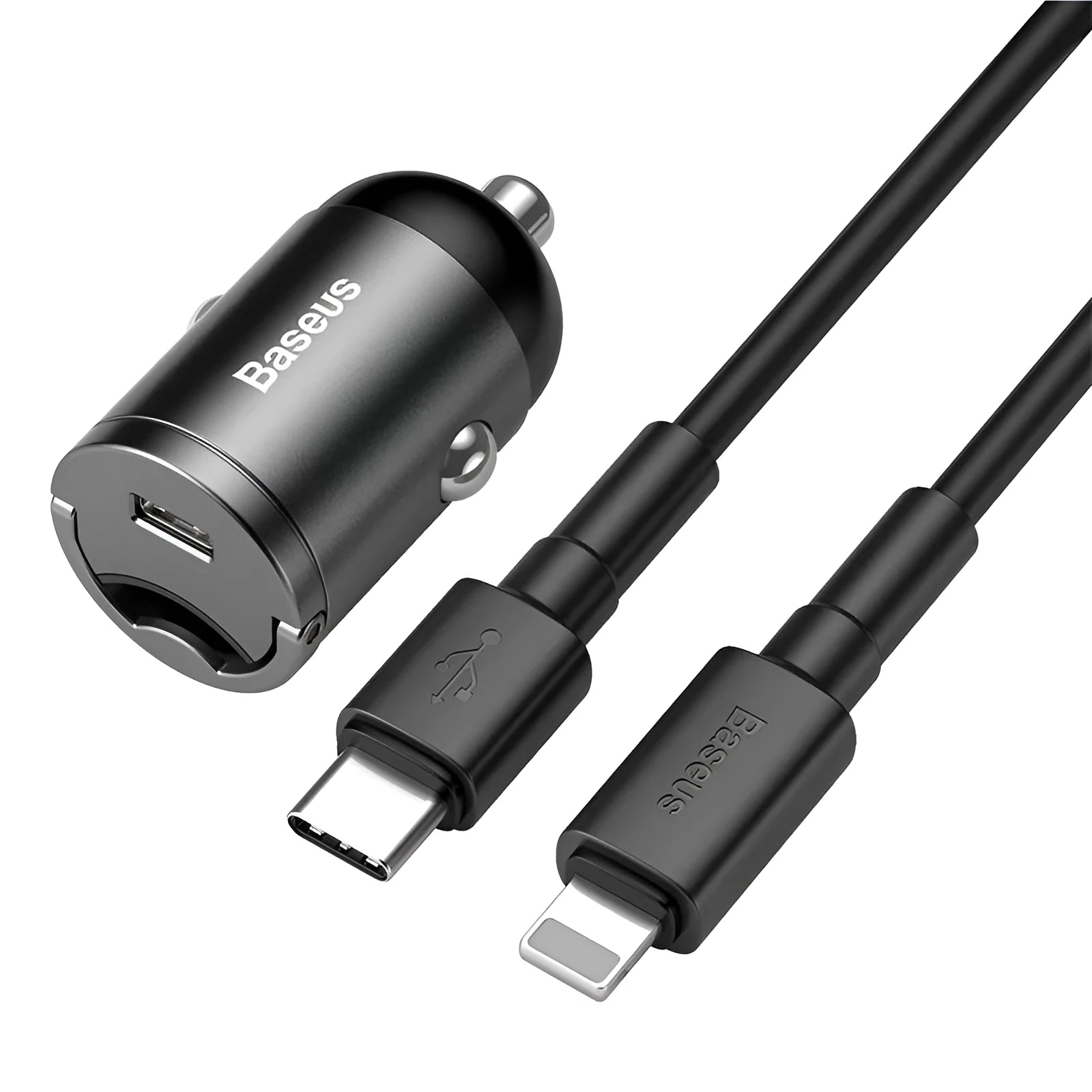 Grey Baseus Huixiaoxing 30W single USB car charger with a 1-metre cable.