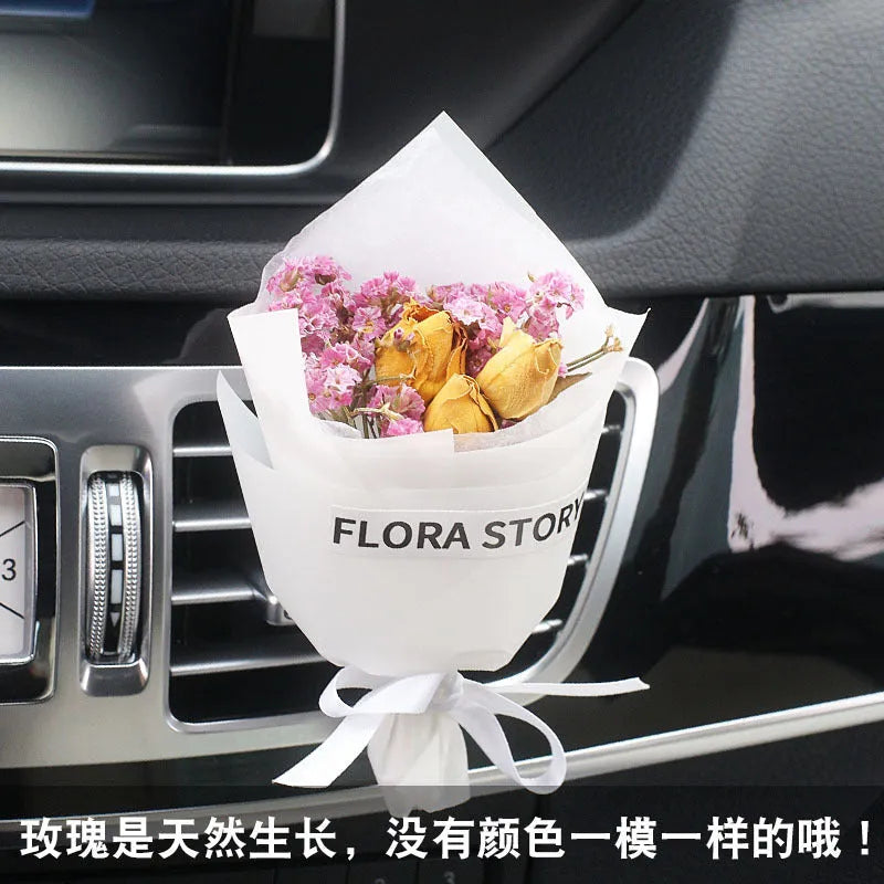 Car vent mounted dried flower bouquet decorative accessory in various floral styles