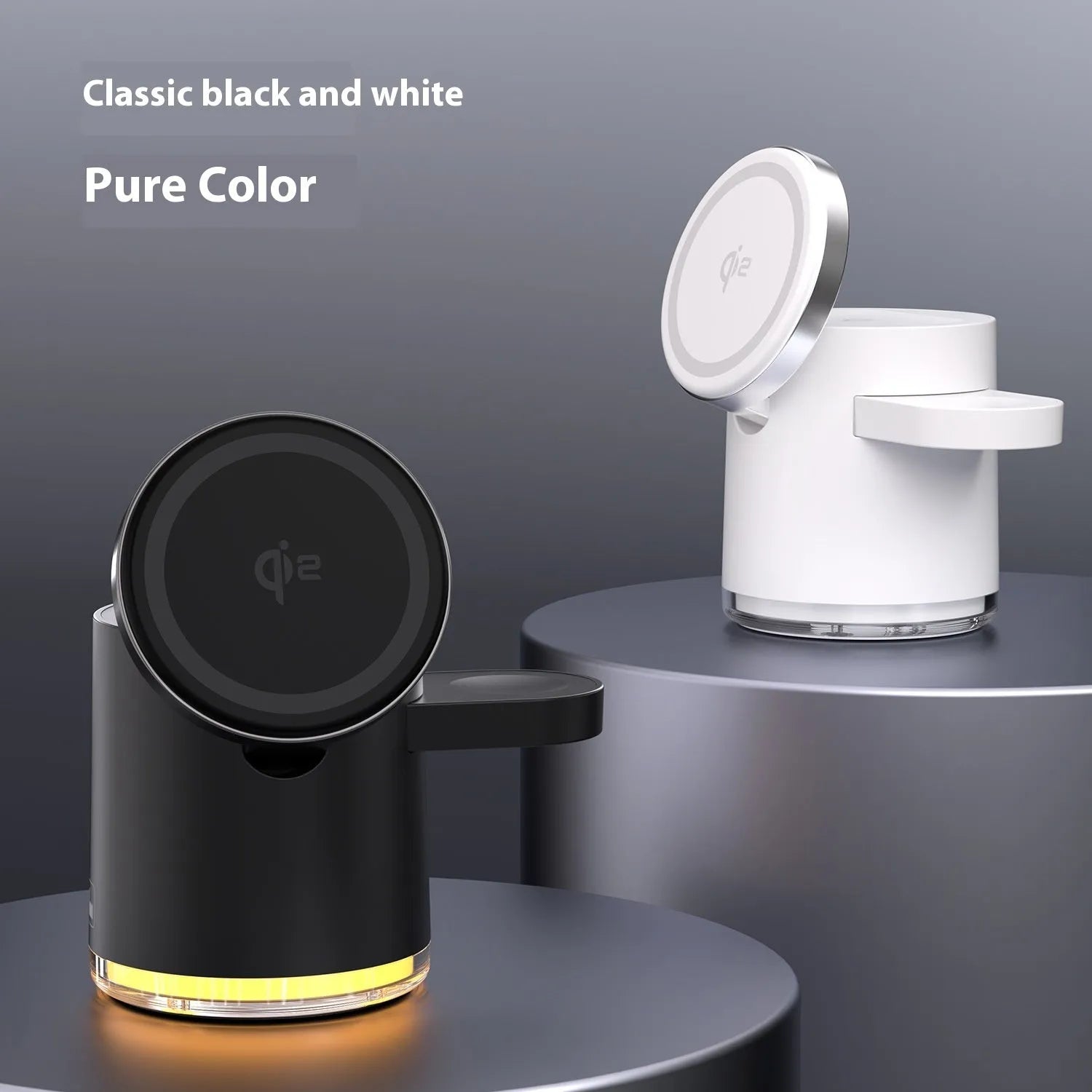 C16 magnetic three-in-one wireless folding charger in Black showing iPhone, Apple Watch, and earbuds charging simultaneously