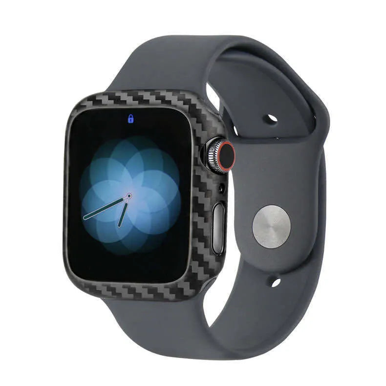 Apple Watch 4 carbon fibre half wrap leather case in 44mm size showing bright black and matt black colour options