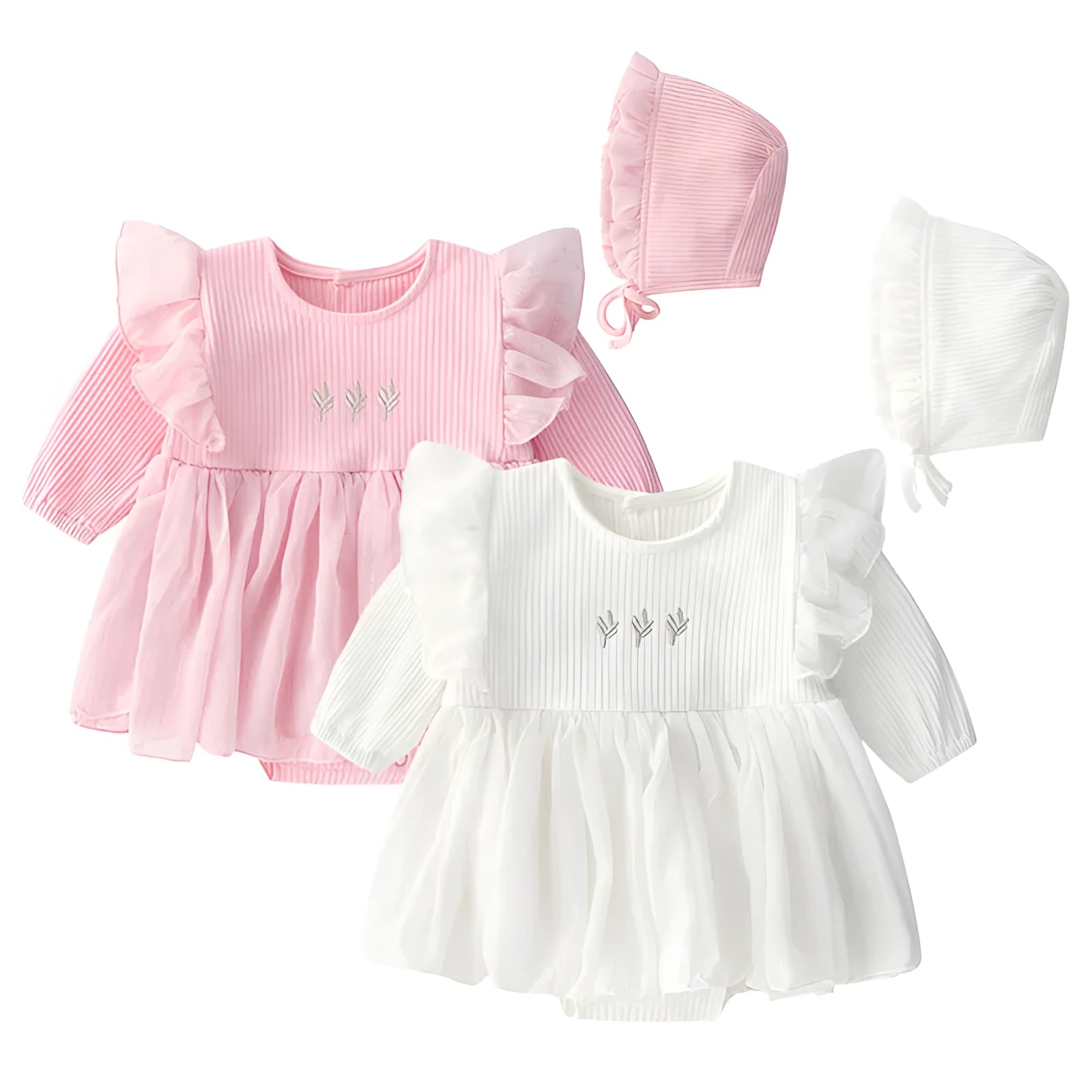 Baby girl wearing a fluffy cotton princess dress in pink, available in red and white, sizes 59cm to 80cm.
