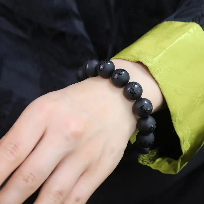 Natural frosted black agate Sanskrit mantra bracelet with Chinese style auspicious patterns
