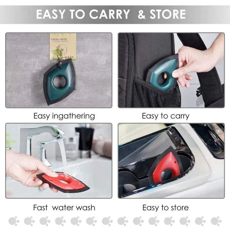 Silicone pet hair removal brush in black, green or red for cleaning sofas and car seats.