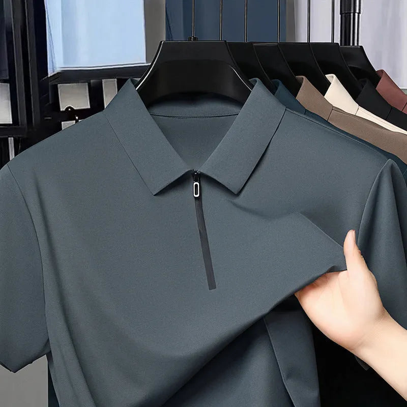 Men's half zipper seamless polo shirt in solid colour with short sleeves, ice silk fabric, regular fit