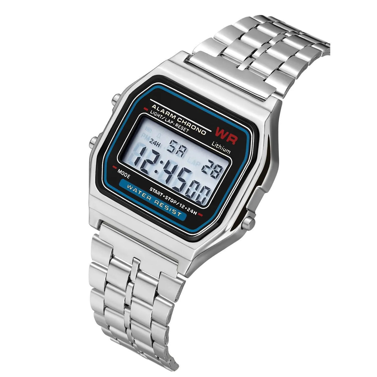 WR F91W electronic watch with stainless steel band and square plastic dial