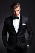 Black men's slim fit two-piece acetate blend suit on hanger, front view