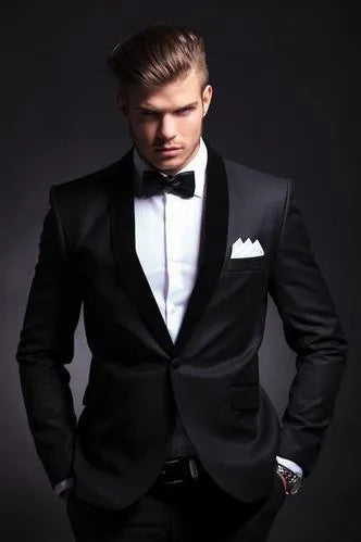Black men's slim fit two-piece acetate blend suit on hanger, front view