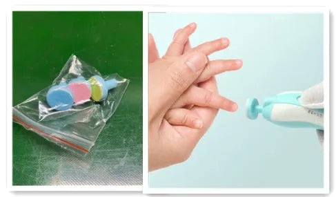 Blue anti-scratch multifunctional baby electric nail polisher with LED light and six grinding heads in a storage box