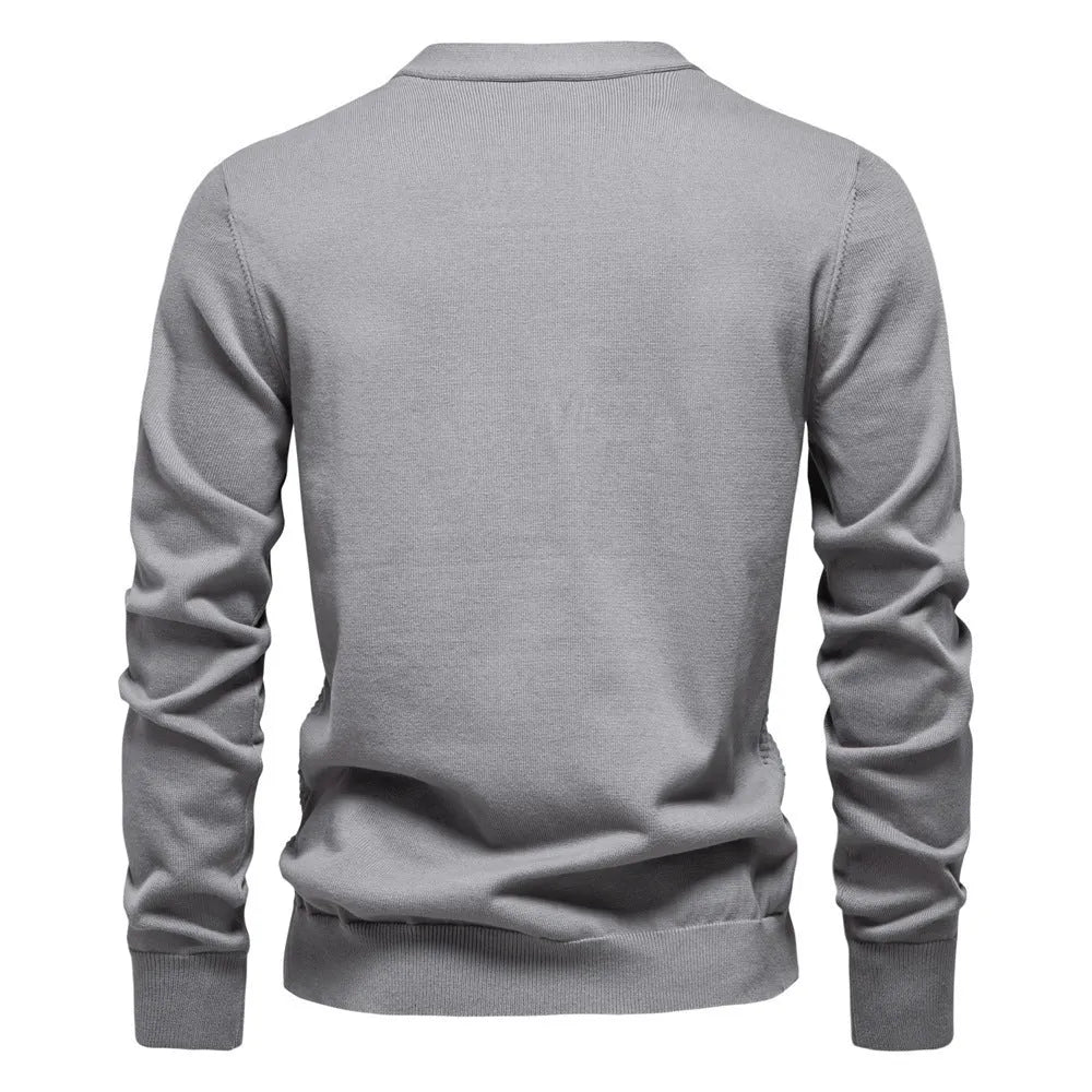 Men's V-neck slim-fit cotton cardigan sweater in gray, front view