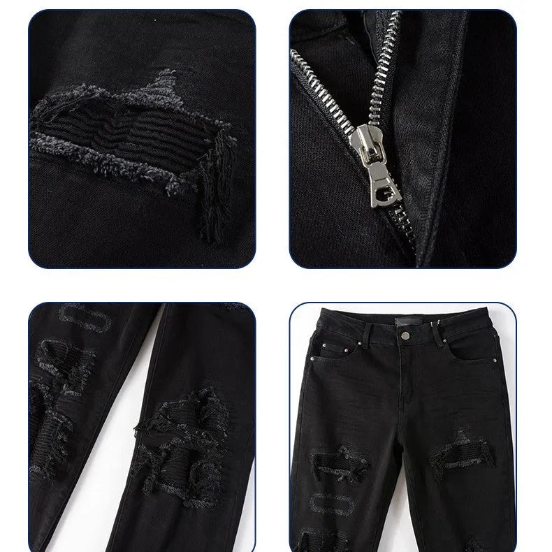 Black pleated jeans for men with double waistband, zip placket and collage splicing detail, 98% cotton