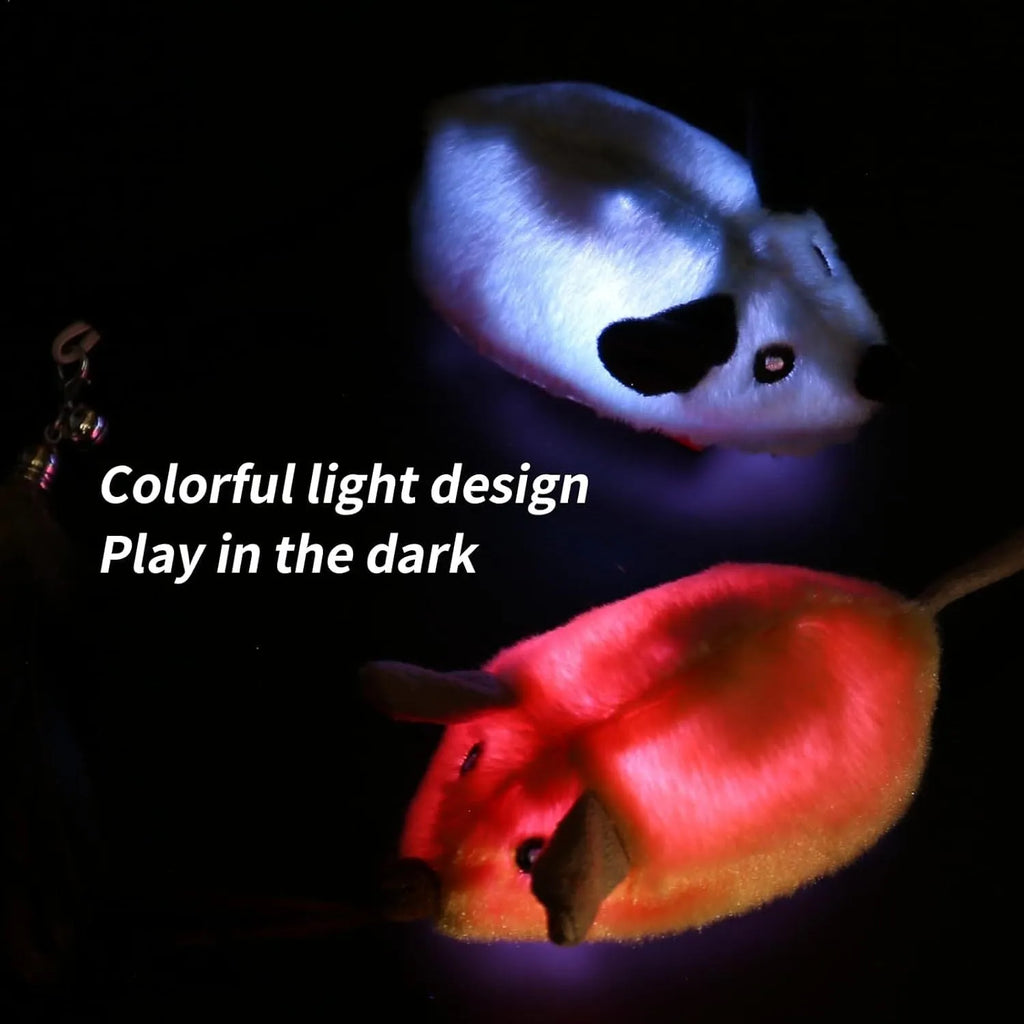 Grey and yellow rechargeable automatic cat mouse toy with feather tail and LED lights