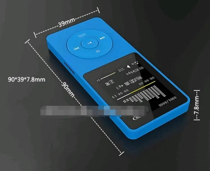 Slim black MP4 player with a 1.8 inch colour screen showing a music menu, placed next of headphones.