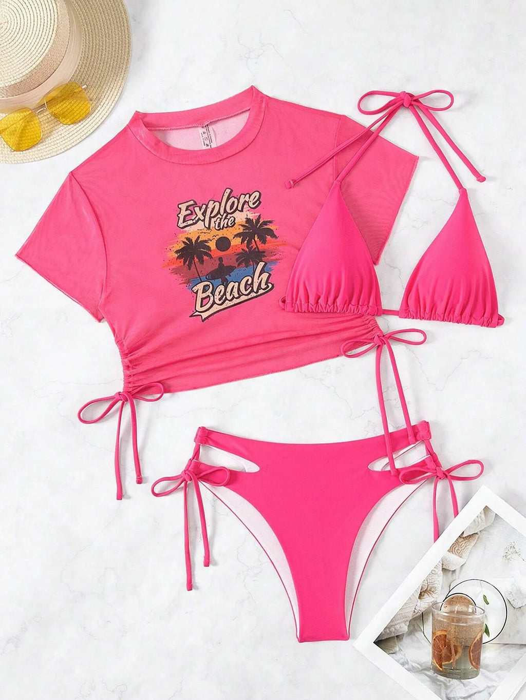 Women's three-piece bikini swimsuit set with short sleeves and high-waisted shorts in nylon spandex fabric