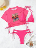 Women's three-piece bikini swimsuit set with short sleeves and high-waisted shorts in nylon spandex fabric