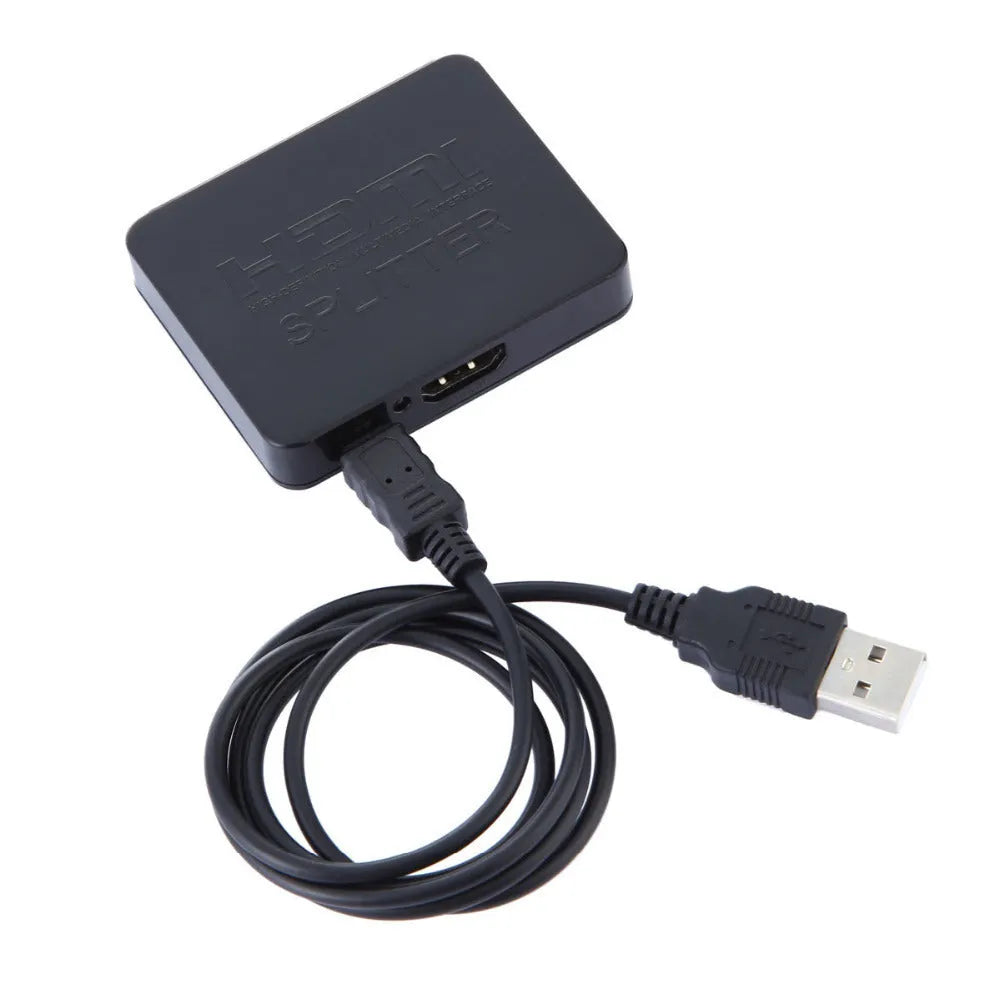 Black mini HDMI splitter with 1 input and 2 outputs, supporting 1080p, HDMI 1.4, HDCP, 3D and CEC