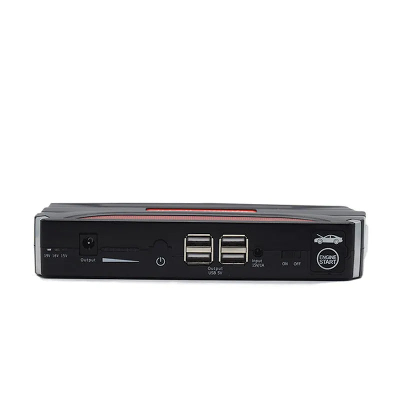 Black and red emergency vehicle jump starter power supply unit showing compact dimensions