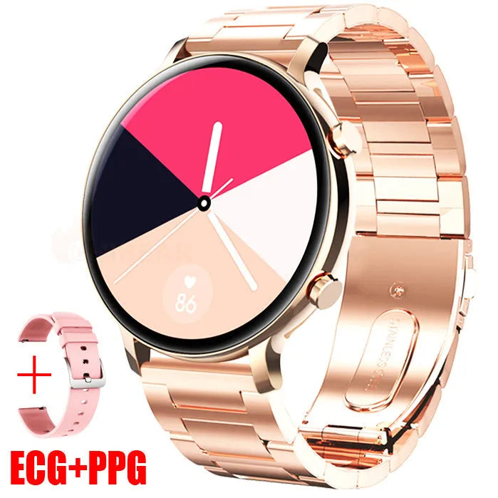 Black Bluetooth smartwatch with stainless steel strap showing call and heart rate monitoring functions on screen.