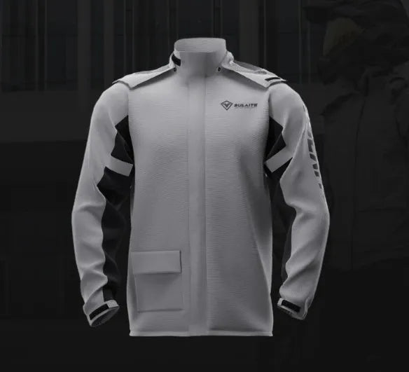 Adult motorcycle raincoat and rain pants set in black, with hidden shoe covers and storage bag.