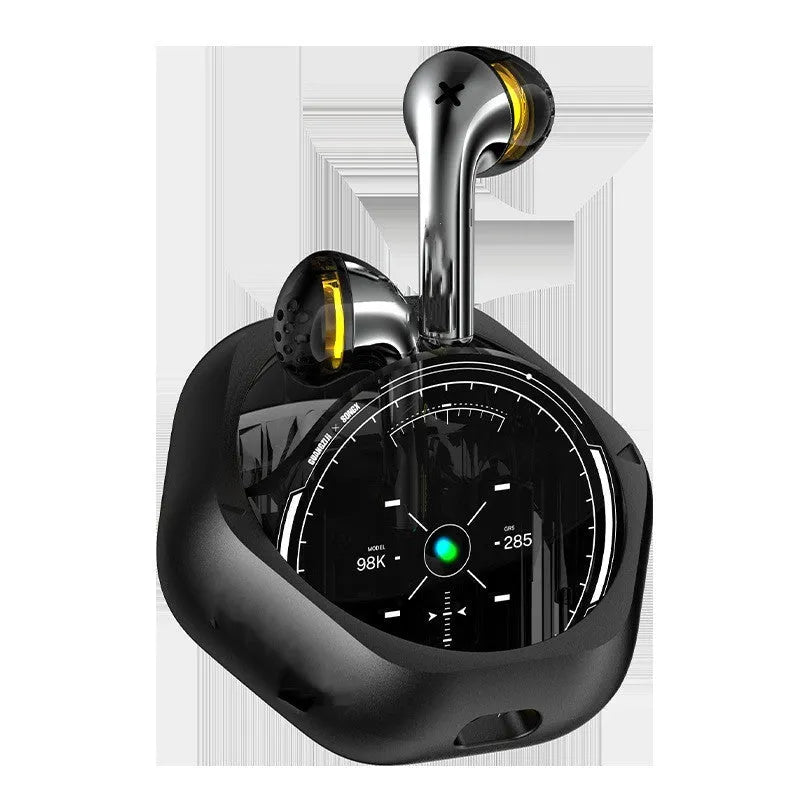 Black wireless semi-in-ear TWS earbuds in charging case with Type-C and wireless charging support