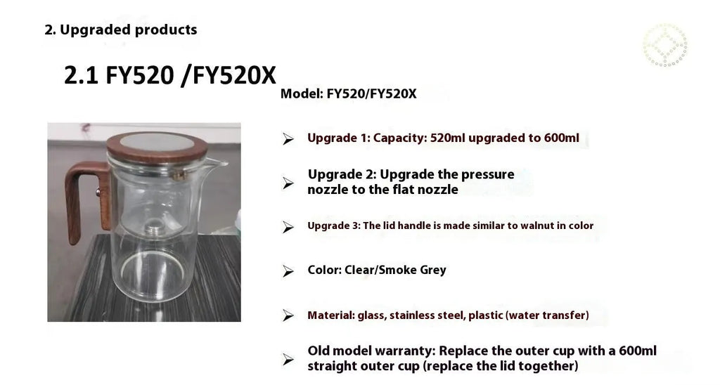 Glass teapot with wooden handle showing magnetic tea separation button and detachable inner infuser.