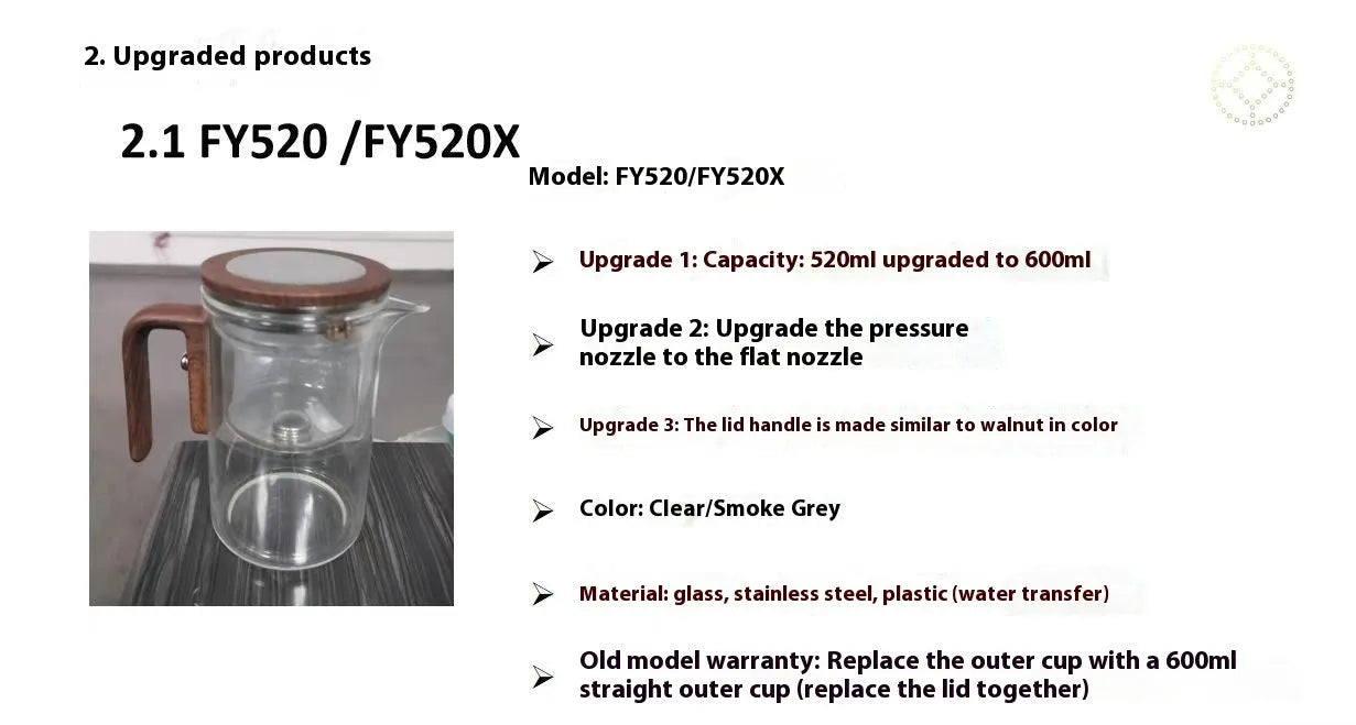 Glass teapot with wooden handle showing magnetic tea separation button and detachable inner infuser.