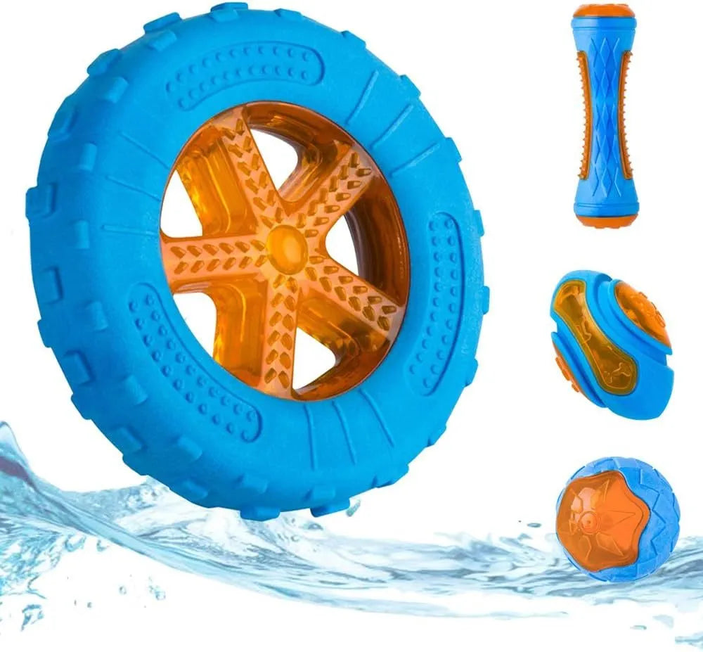Set of three floating TPR dog toys: a red squeaky ball, a blue squeaky barbell, and an orange squeaky tire on a blue background.
