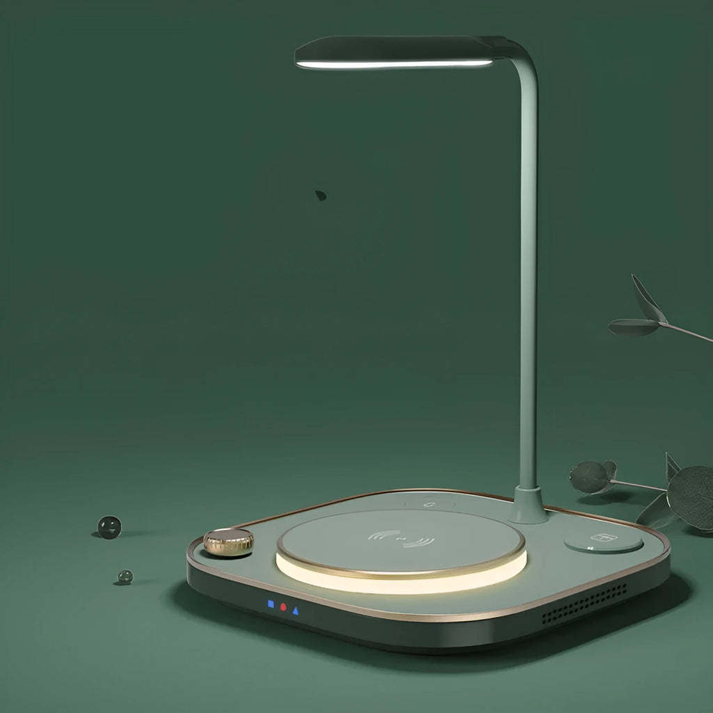 Three-in-one 15W wireless magnetic charging dock shown in black, with optional desk lamp style and USB cable.