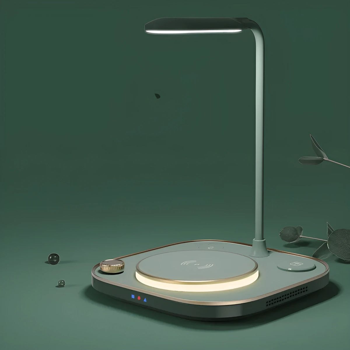 Three-in-one 15W wireless magnetic charging dock shown in black, with optional desk lamp style and USB cable.