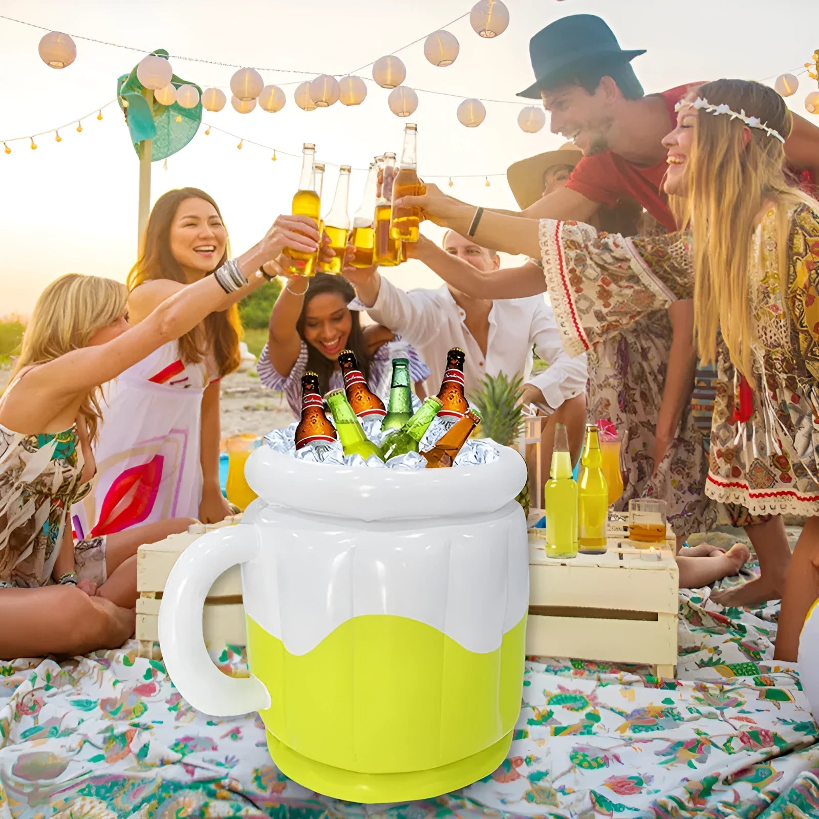 Bright yellow inflatable PVC ice bucket for outdoor drinks, shown inflated and ready for use.