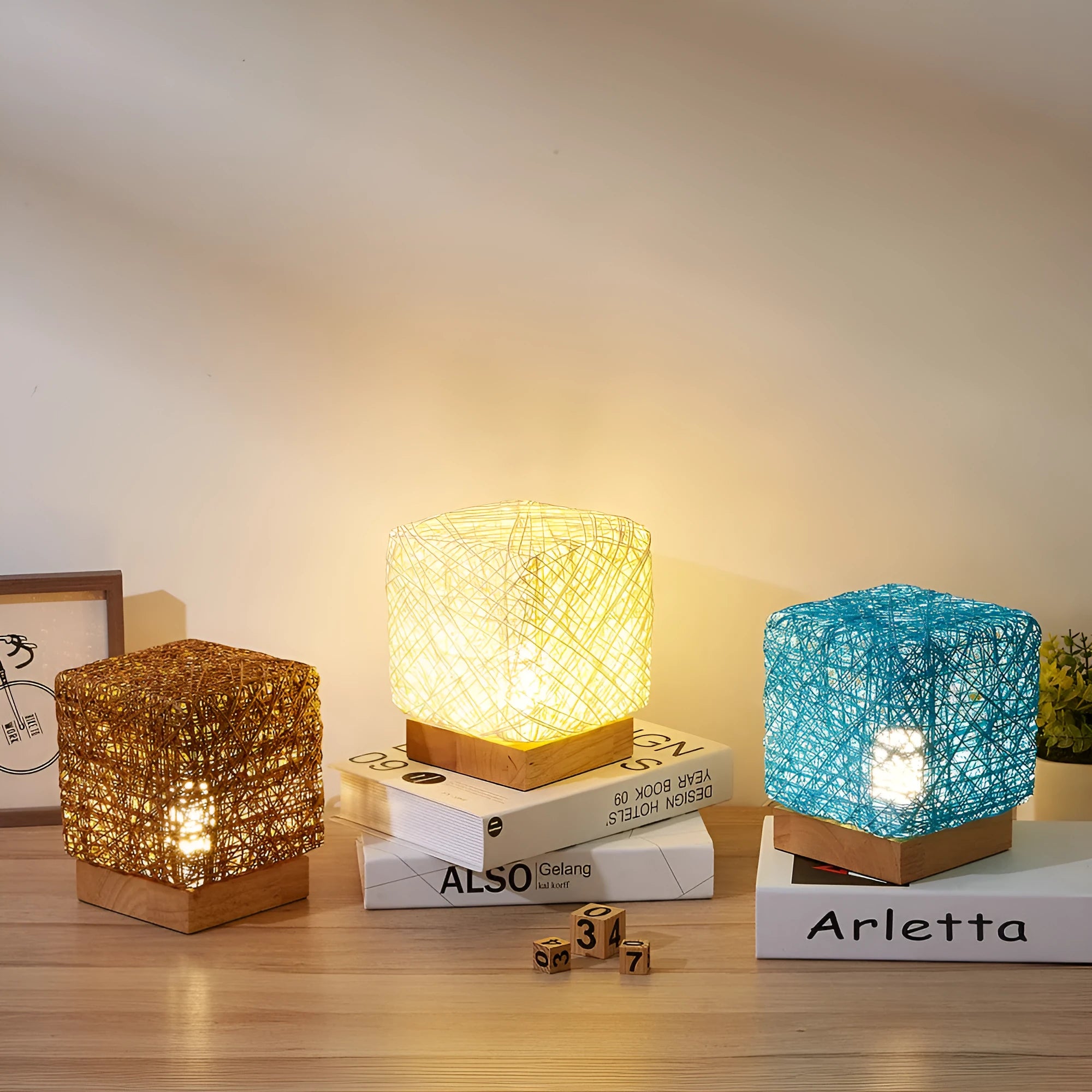 Hand-knit rattan square LED desk lamp with wood base and USB charging, beige colour