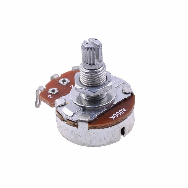 A single metal potentiometer knob for an electric guitar, shown in a choice of four resistance values.