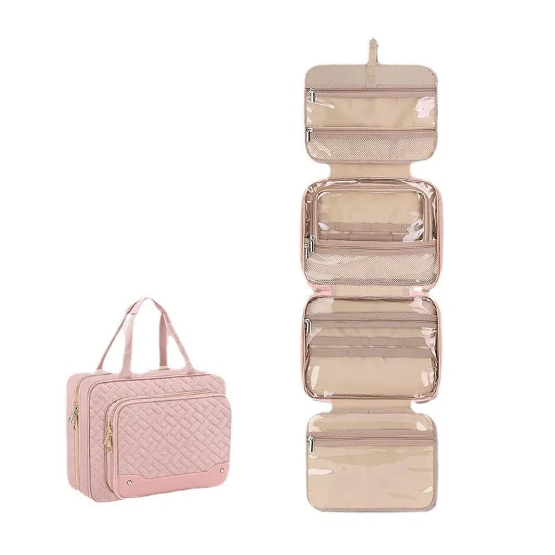Waterproof polyester hanging cosmetic bag with internal compartments in pink colour