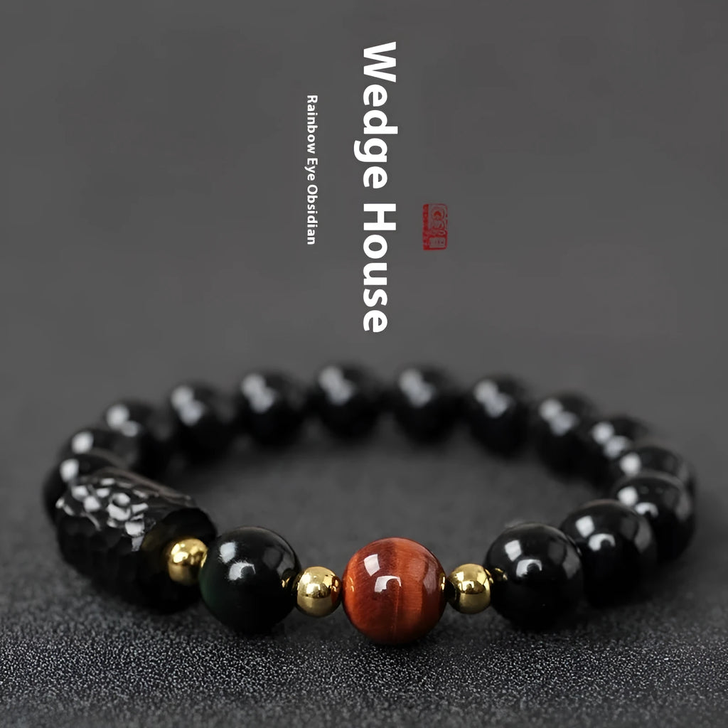 Obsidian bracelet with 10mm red tiger eye beads, unisex retro design featuring circle elements