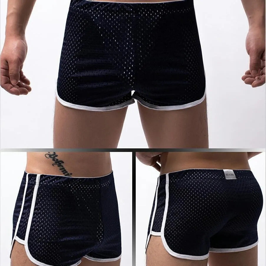 Men's breathable boxer shorts in cotton and nylon, shown in multiple colours.