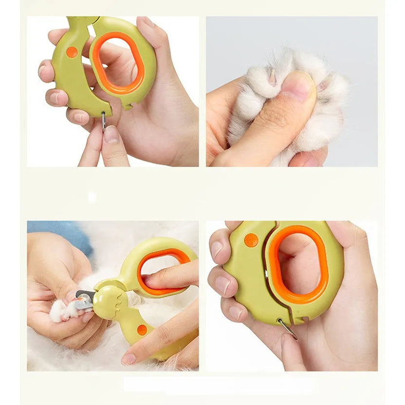 Blue pet nail clippers with LED light on handle for trimming cat and dog nails safely