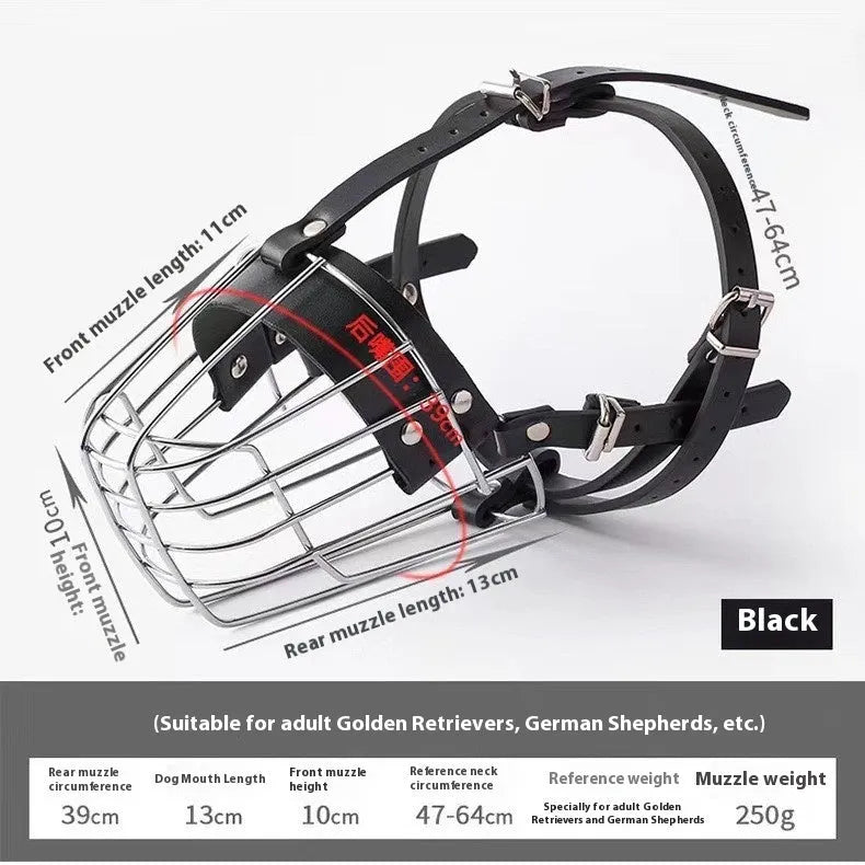 Black metal dog muzzle designed for a golden retriever or German shepherd
